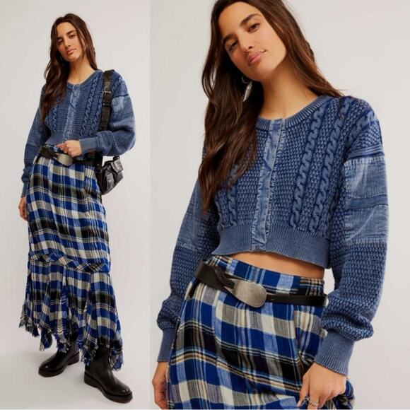 Free People Sweaters - Free People Patchwork Chunky Cable Knit Heritage Cardi Cardigan Sweater Size XL